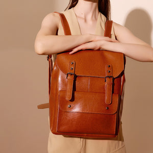 Echtleder Schultertasche für Damen, strapazierfähiges Rindsleder, Laptop-Rucksack im College-Stil, 14 Zoll, große Kapazität, englisch-rückhaltig, retro, neutral, vollständig aus Leder. 